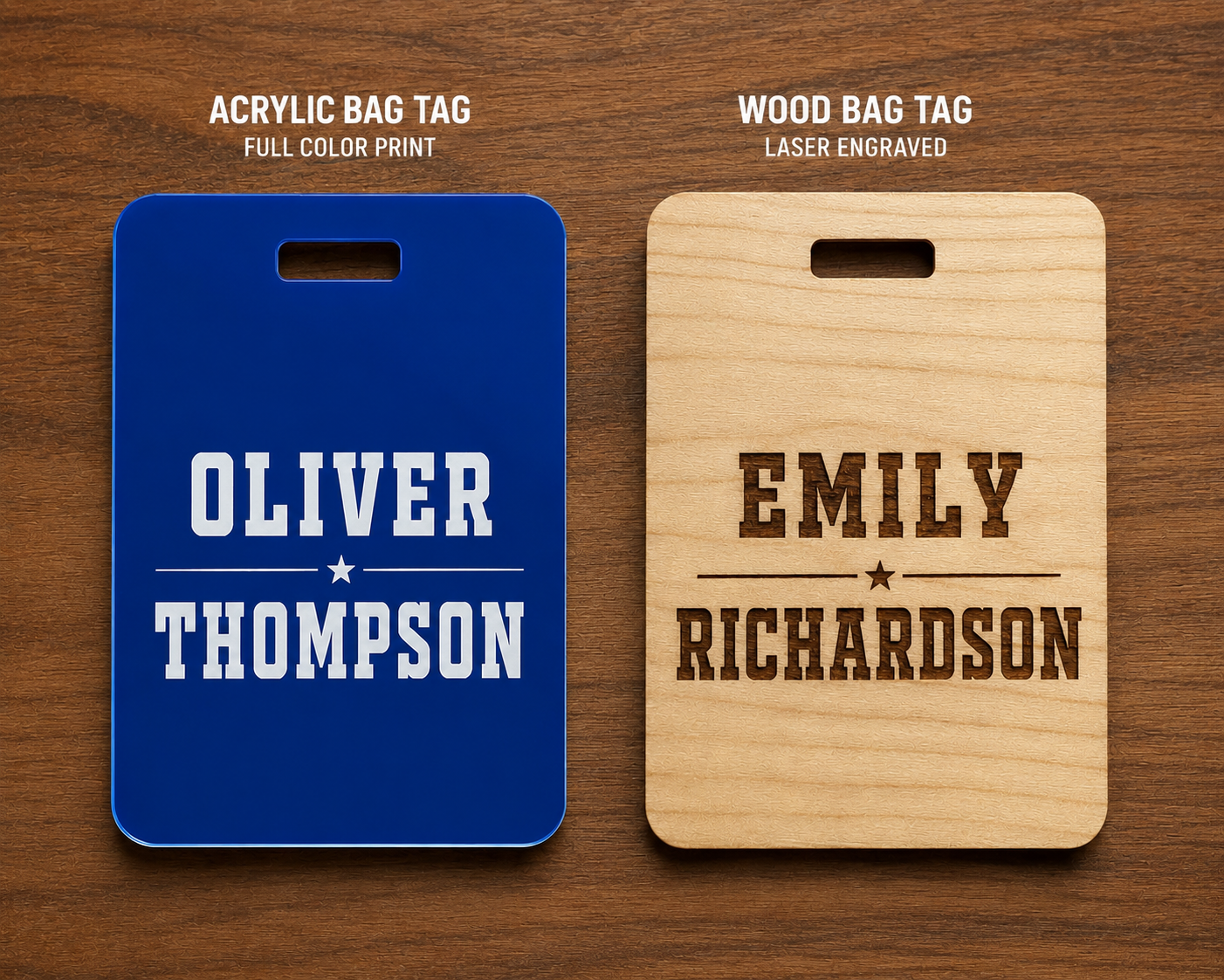 Personalized Backpack & Bag Tags | Acrylic or Engraved Wood