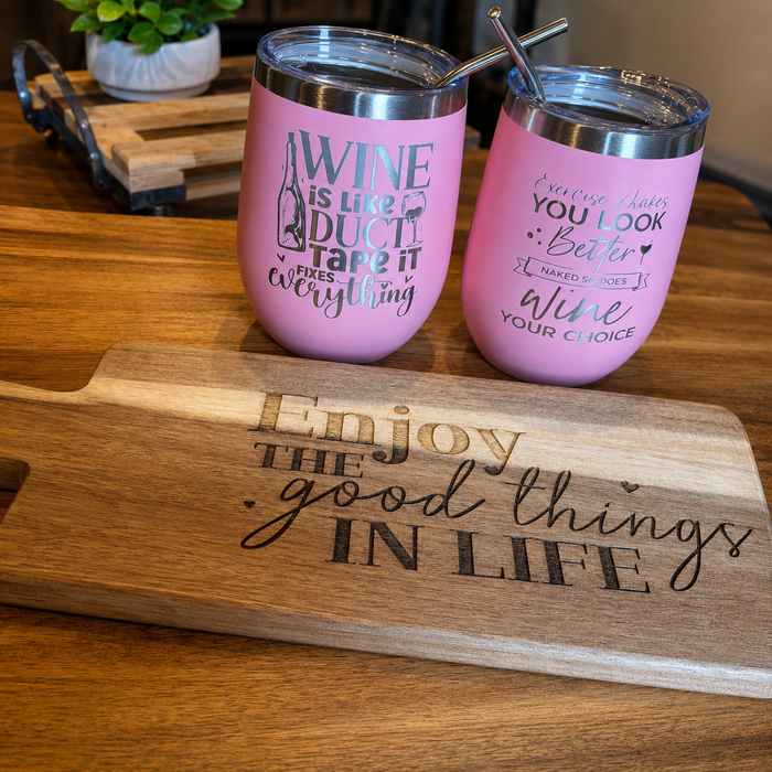 Personalized acacia wood serving board engraved with Enjoy