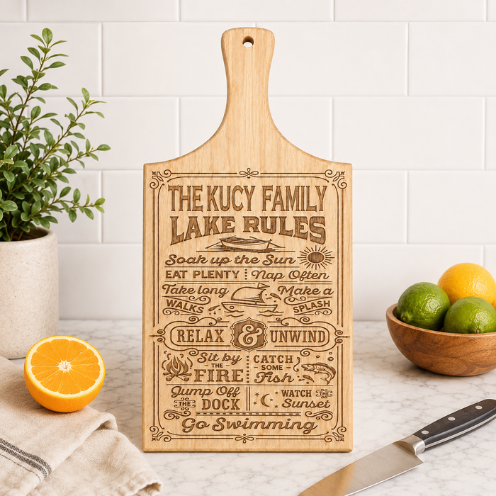Premium wood cutting board engraved with Lake Rules