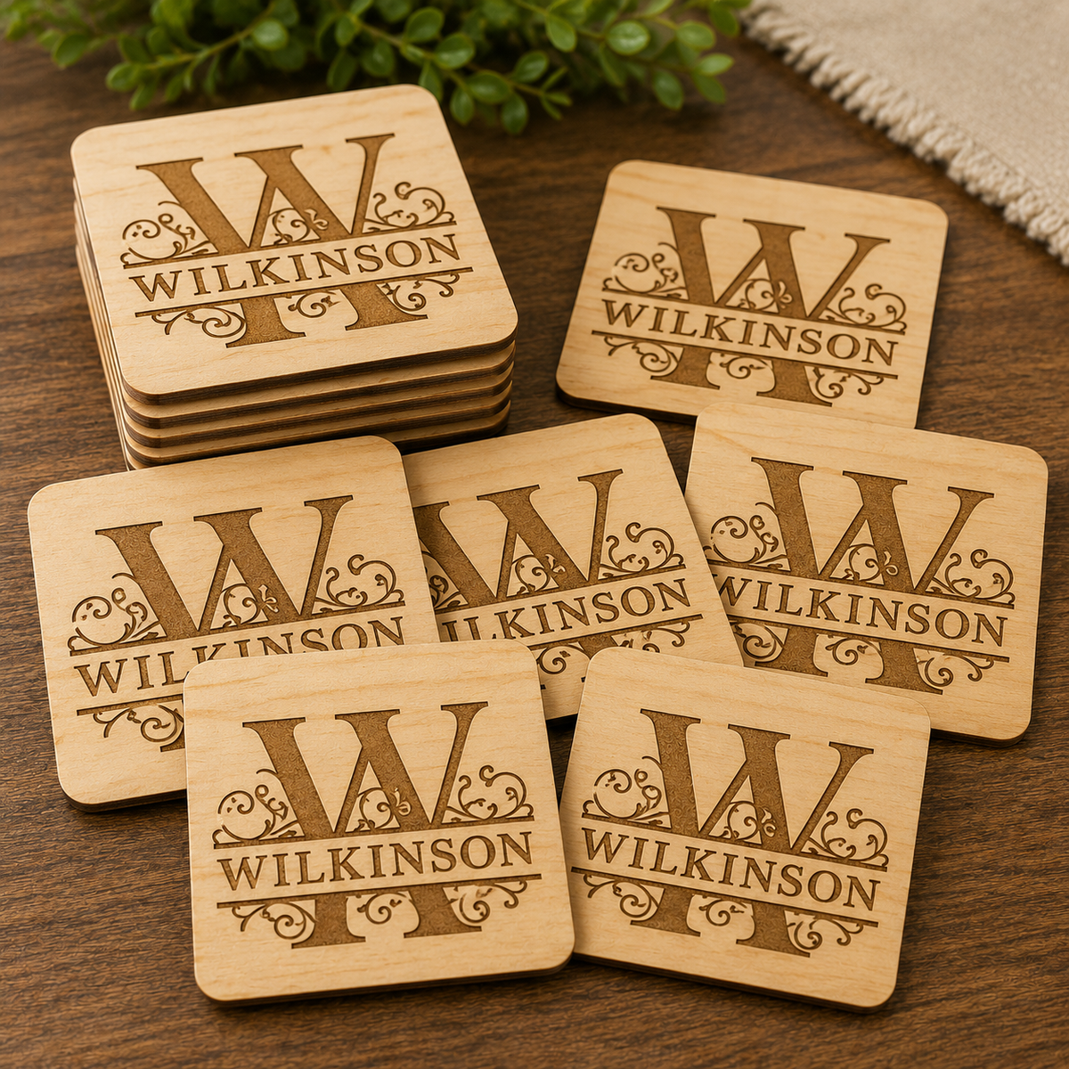 Personalized engraved wood coasters set of four