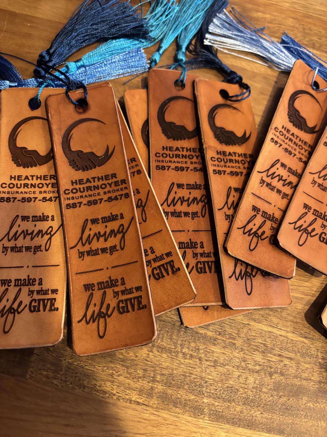 Engraved leather bookmarks with business logo